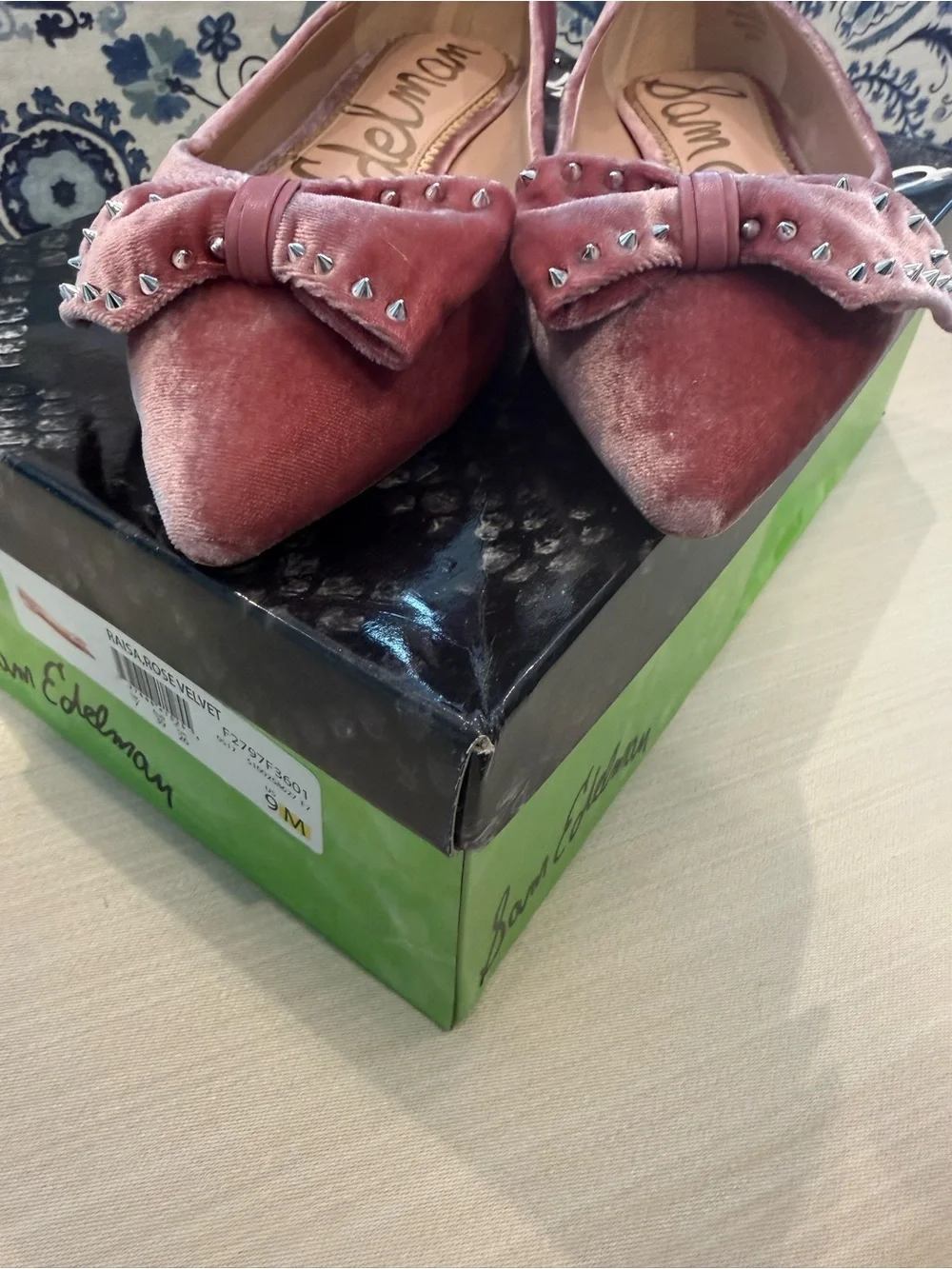 Sam Edelman Raisa Rose Velvet Studded Bow Pointed Toe Flats 9M New